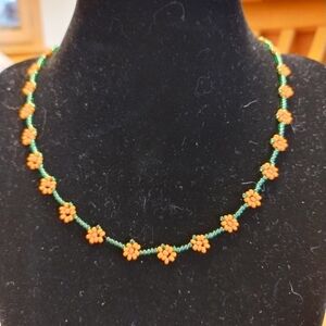 Floral Beaded Necklace - Green and Orange